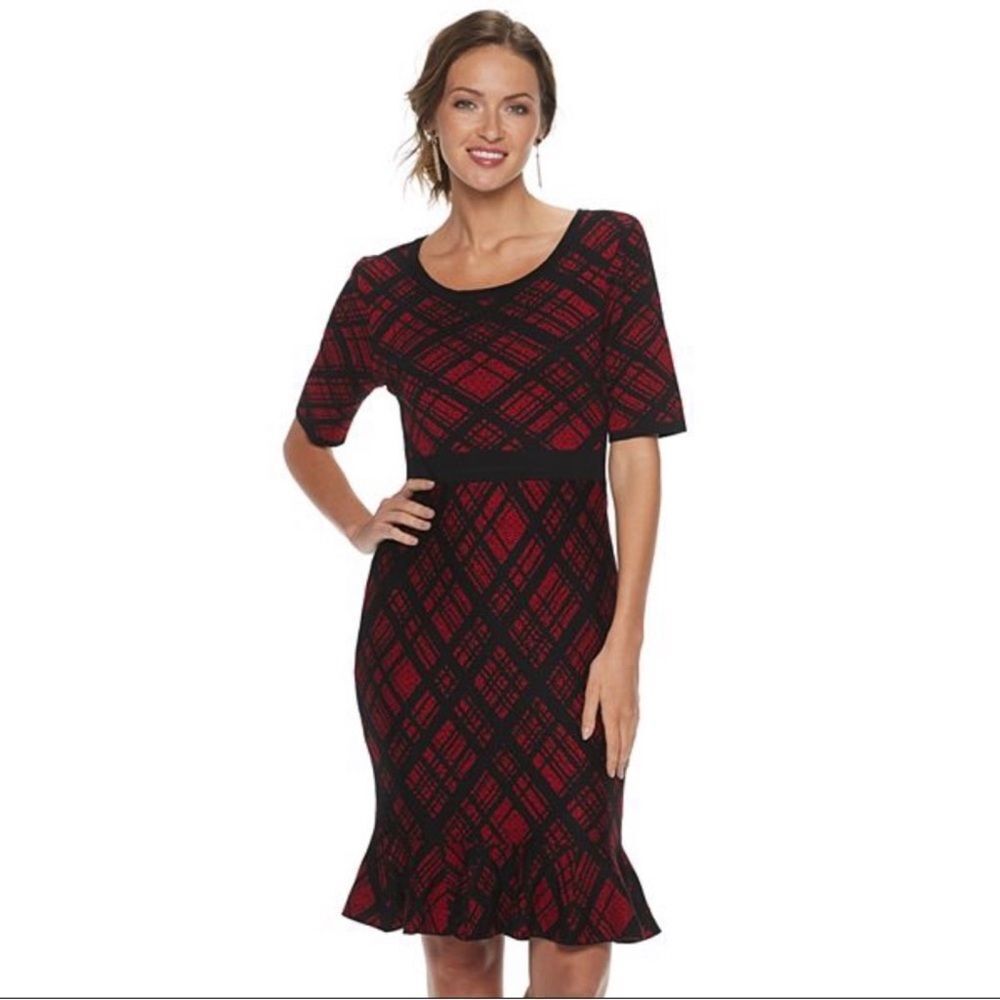 Nina Leonard Ruffle Hem Knit Sweater Dress size Large Red Black Geometric